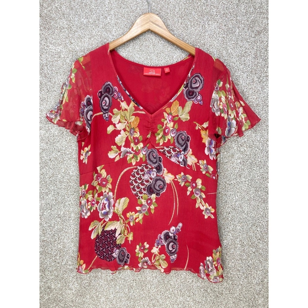 Oscar de la Renta Floral Silk Blouse Women 16 Red Flutter Sleeve Whimsigoth Chic